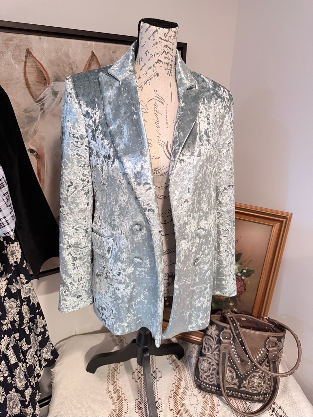 Women's Light Blue Velvet Double-Breasted Blazer
